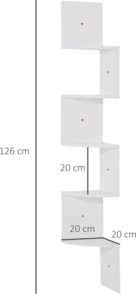 Estante de canto de parede para arrumação, em forma de ziguezague, 20 L x 20 L x 126 A cm, 5 prateleiras, madeira branca