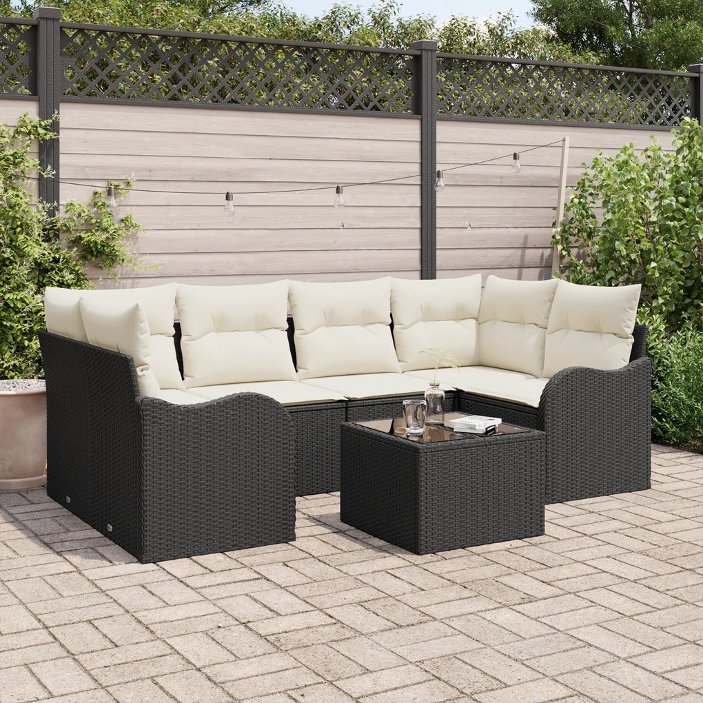 Conjunto de Sofás de Jardim vidaXL com 7 Peças e Almofadas de Vime Preto
