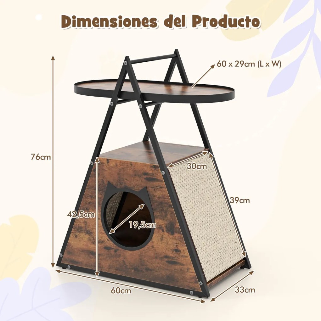 Armário para gatos caverna oculto com mesa de apoio Casa para gatos com 2 Estantes Estrutura em A Caverna para gatos Castanho