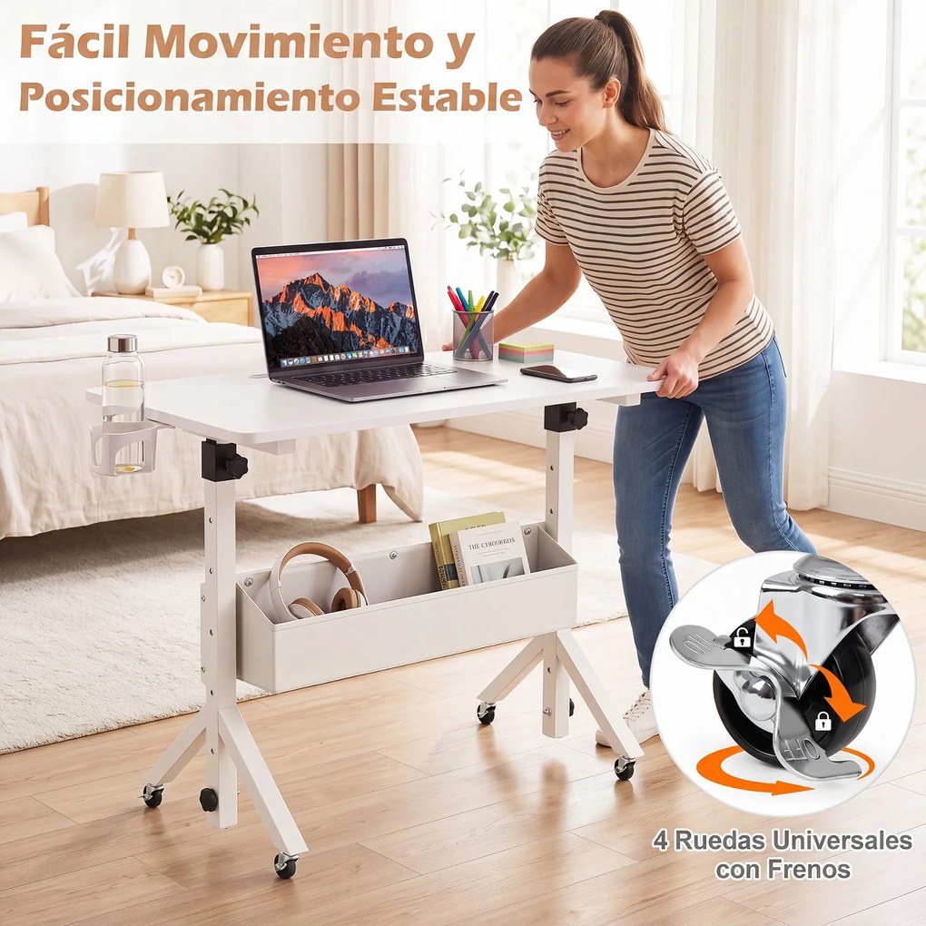 Secretária Móvel, 80 x 40 x 70-117 cm, Regulável em Altura, Branco
