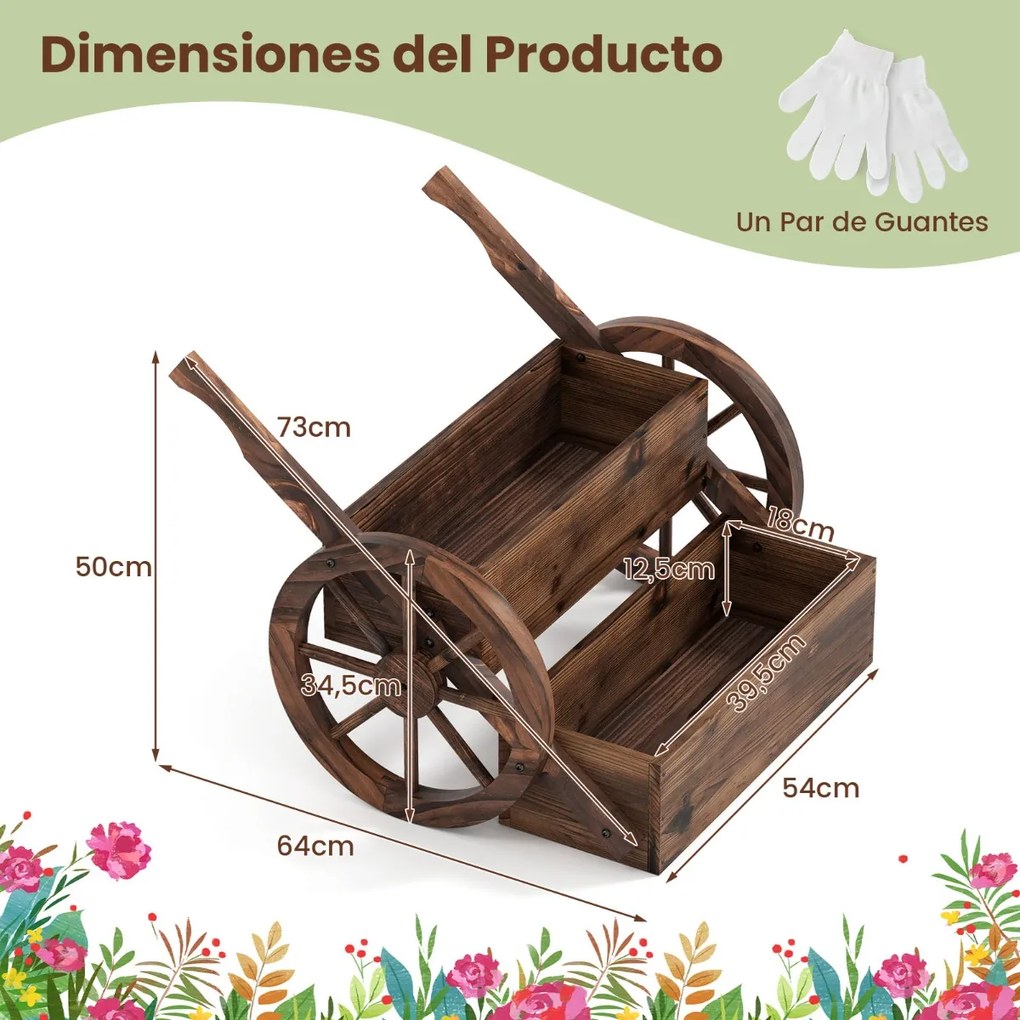 Floreira de Jardim em Forma de Carrinho, 64 x 54 x 50 cm, Dois Níveis, Castanho