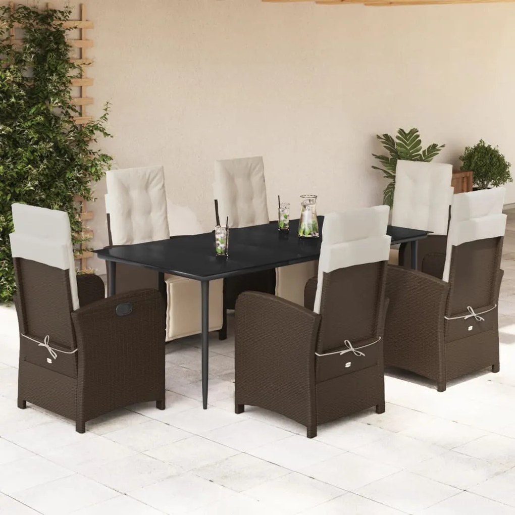 7 pcs conjunto jantar p/ jardim c/ almofadões vime PE castanho