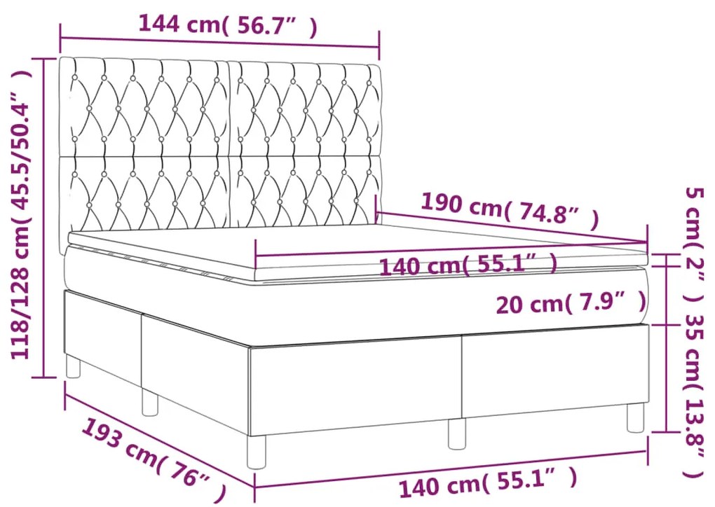 Cama box spring c/ colchão e LED 140x190 cm tecido cinza-claro