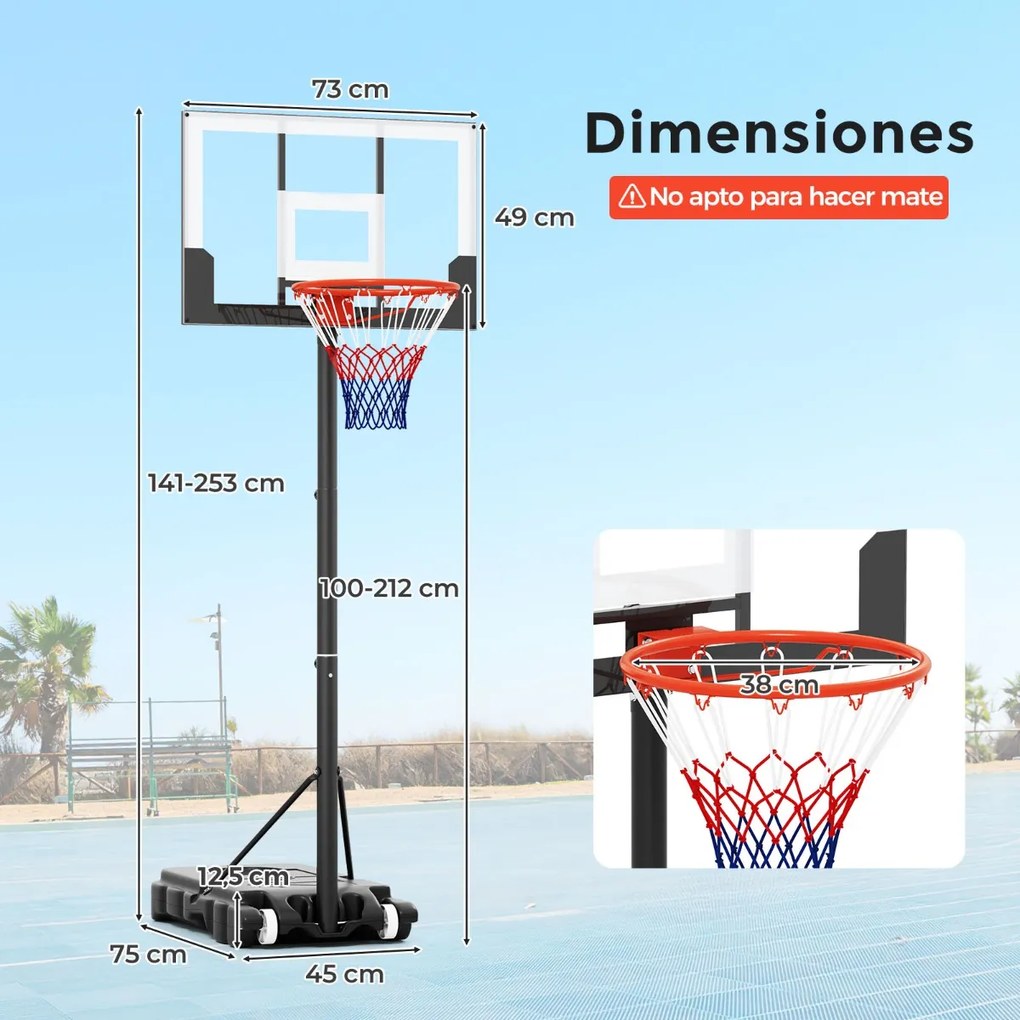 Cesto de basquetebol infantil portátil de 100-212 cm com tabela de PC inquebrável, base enchível e rodas Preto e branco
