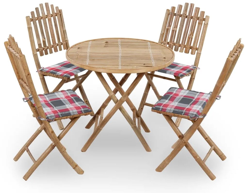5 pcs conj. de jantar dobrável c/ almofadões p/ exterior bambu