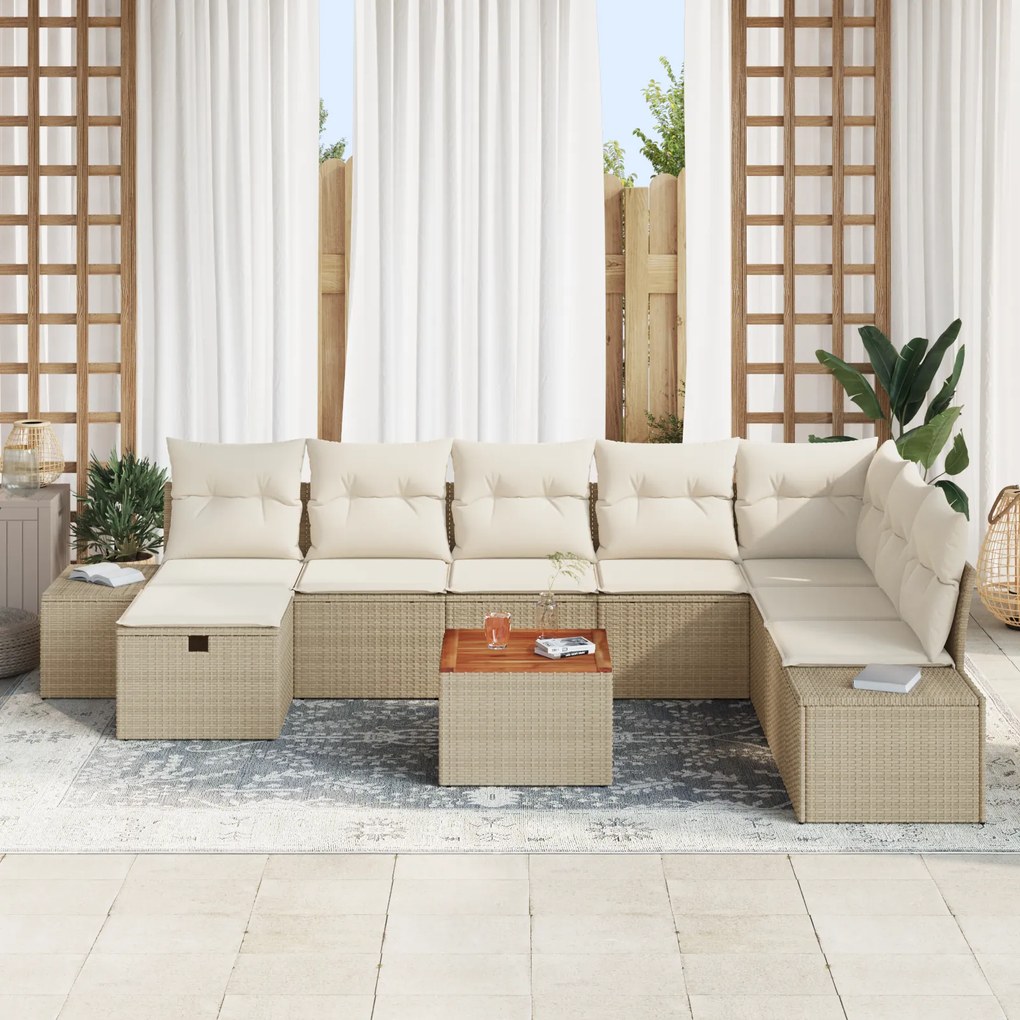 Conjunto de Sofá de Jardim de 9 Peças com Almofadas Bege Vime Sintétic
