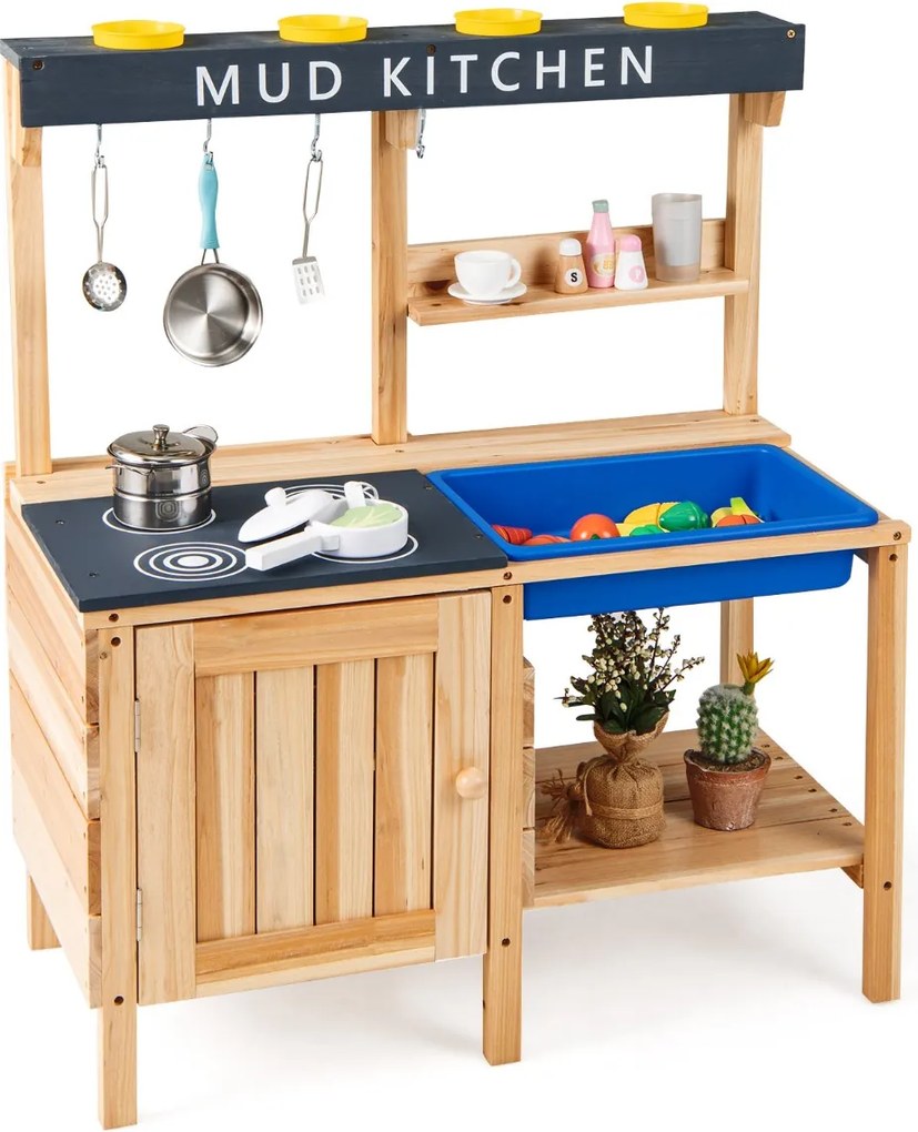 Cozinha de brincar em madeira 80 x 40 x 94 cm com lava-loiça, acessórios, 2 prateleiras e ganchos para crianças dos 3 aos 8 anos, natural