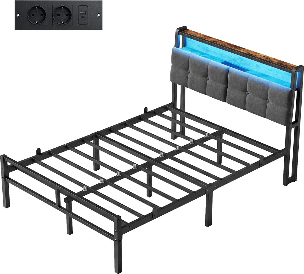 Cama de metal 120 x 200 cm com iluminação LED (COLCHÃO NÃO INCLUIDO), tomadas e espaço de arrumação, preta