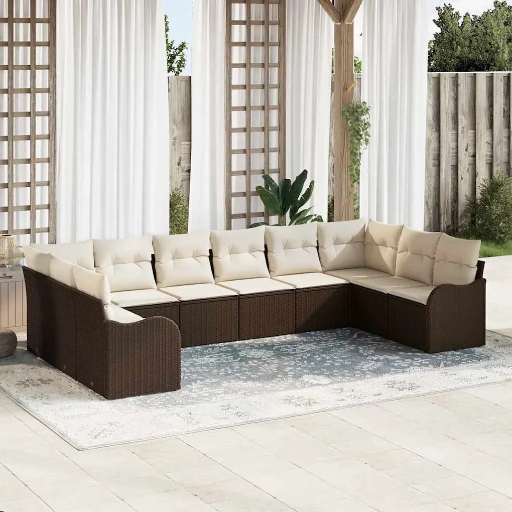 vidaXL Conjunto de Sofá de Jardim de 10 Peças com Almofadas Marrom em Polyrattan.