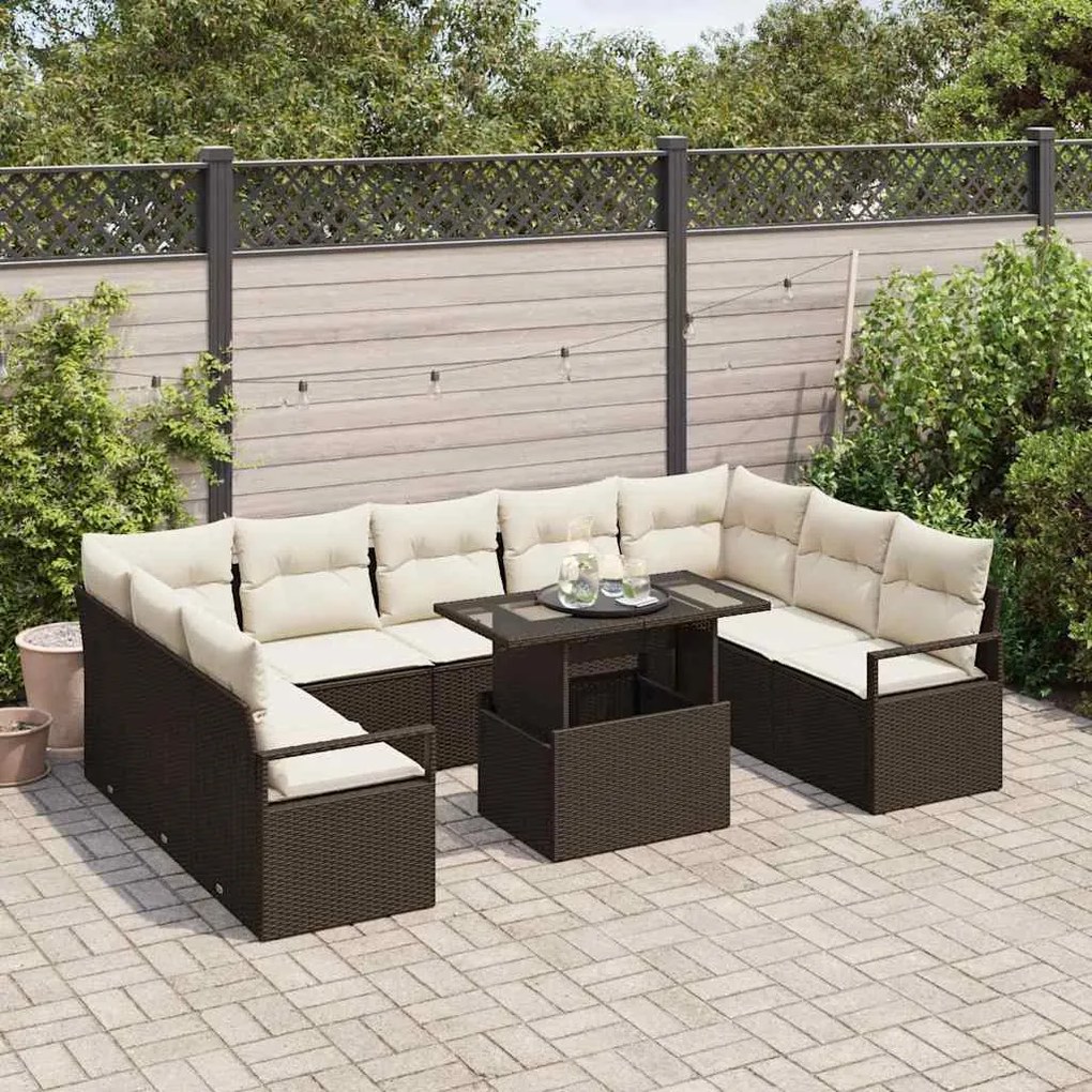 Conjunto de Sofá de Jardim de 10 Peças com Almofadas Castanhas em Ratt