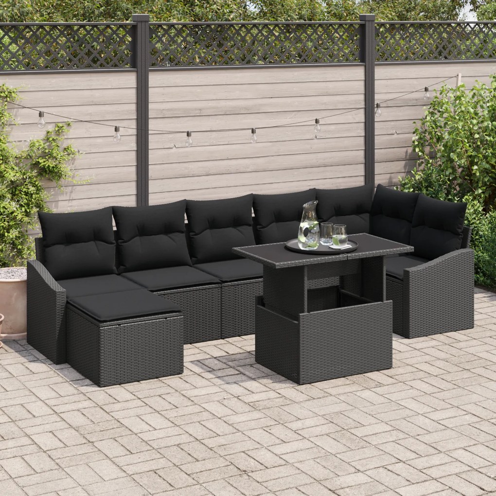 Conjunto de Sofá de Jardim com 8 Peças e Almofadas Preto em Rattan Sin