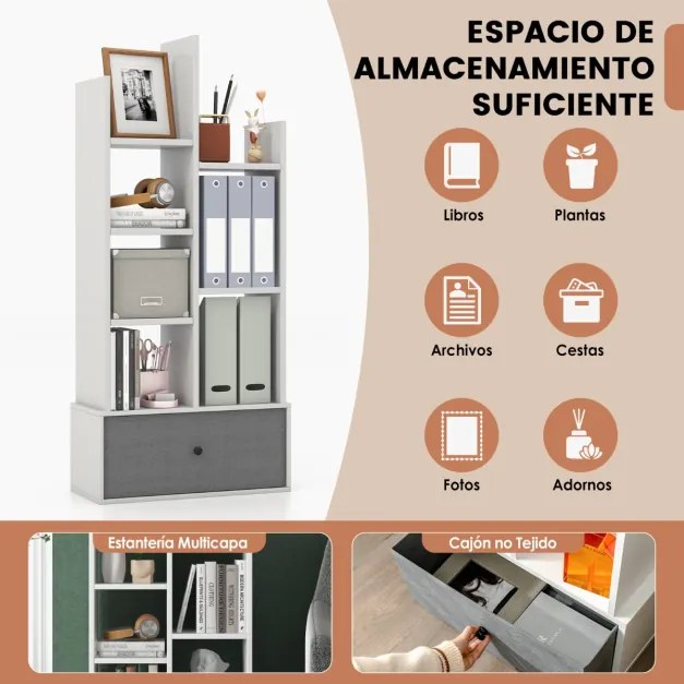 Estante de 7 níveis com gaveta e 7 compartimentos Estante de madeira para sala de estar Quarto 53 x 24 x 118 cm Branco