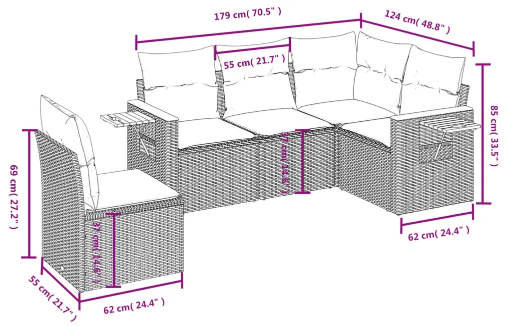 5 pcs conjunto sofás de jardim com almofadões vime PE preto