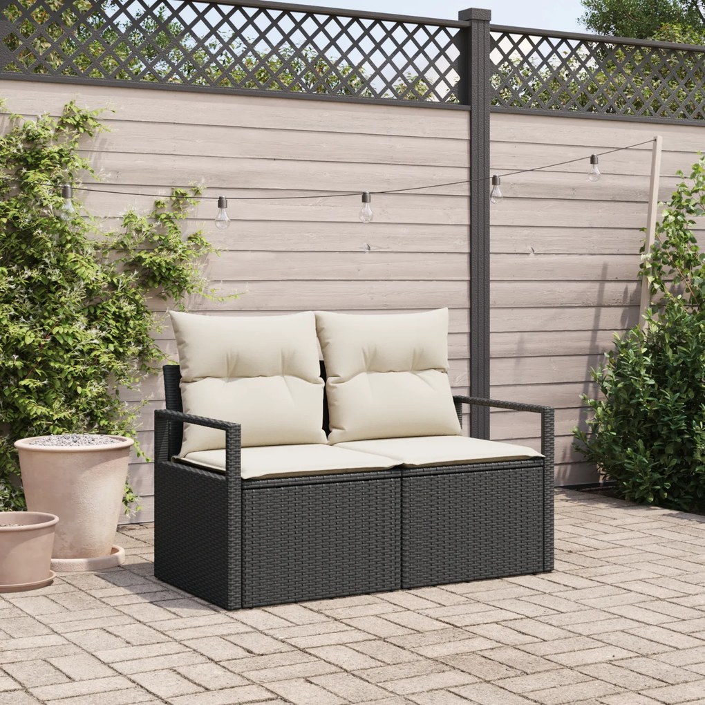 Sofá de Jardim 2 Lugares com Armazenamento e Almofadas Preto em Rattan Sintético