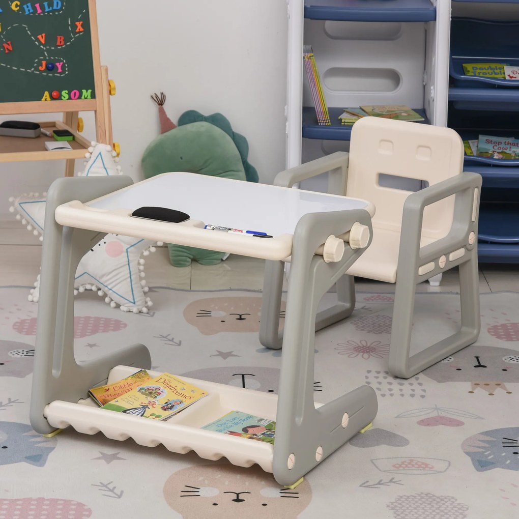 HOMCOM 2 em 1 Mesa Infantil com Quadro Negro Conjunto de Mesa Conversível e Cadeira para Crianças acima de 12 Meses com 3 Marcadores e 1 Borracha 65x48x66,7 cm Cinza e Branco