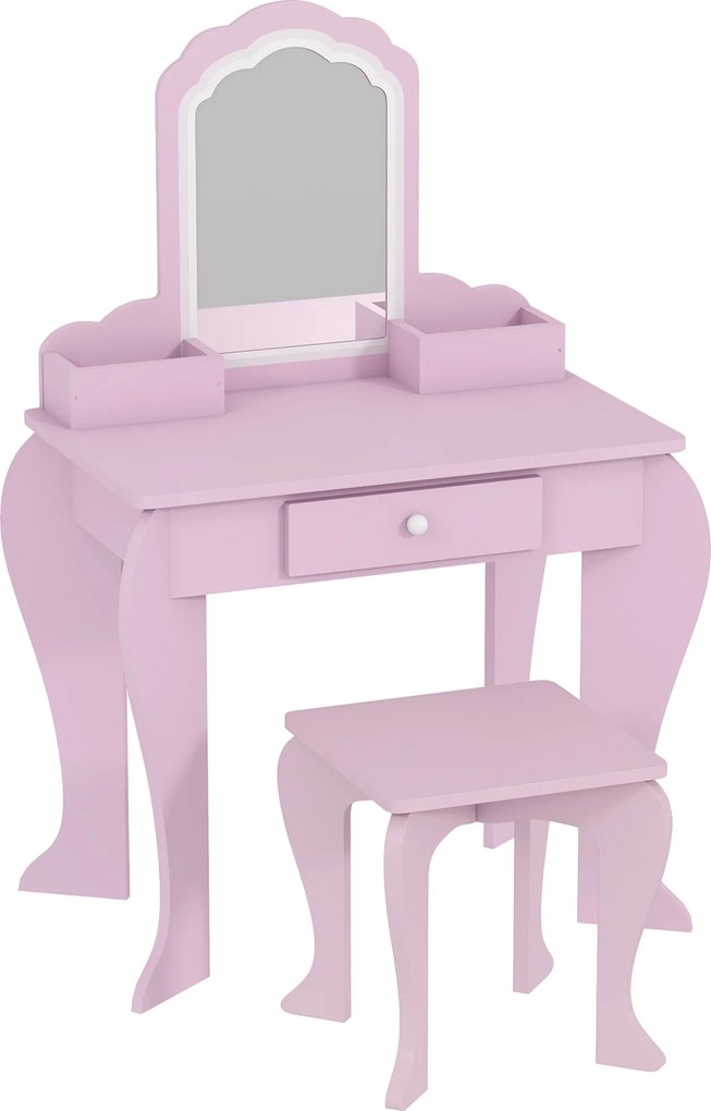 ZONEKIZ Toucador Infantil para Meninas e Meninos Toucador de Maquilhagem com Banco Espelho Gaveta e Caixas de Arrumação Rosa | Aosom Portugal