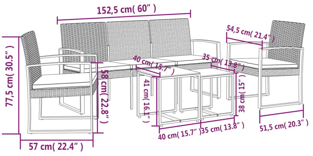 5 pcs conj. jantar p/ jardim c/ almofadões vime PP cinza-escuro