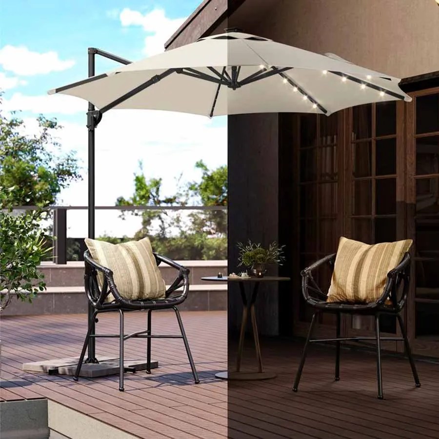 Guarda-sol jardim Ø 300 cm com luzes LED solares UPF 50+ rotativo 360º com base cruzada (SEM PESOS) branco creme