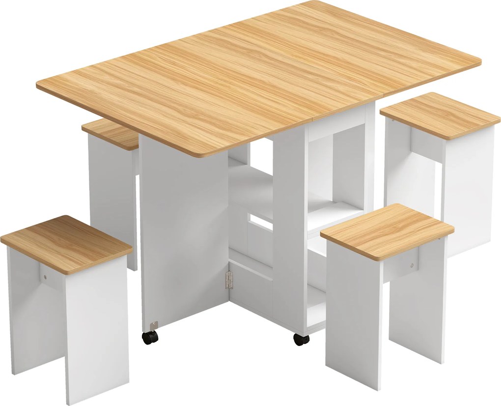 HOMCOM Conjunto de Mesa de Jantar Dobrável com 4 Bancos Ocultos, 2 Abas Rebatíveis, Rodas e Prateleiras, Carvalho | Aosom Portugal