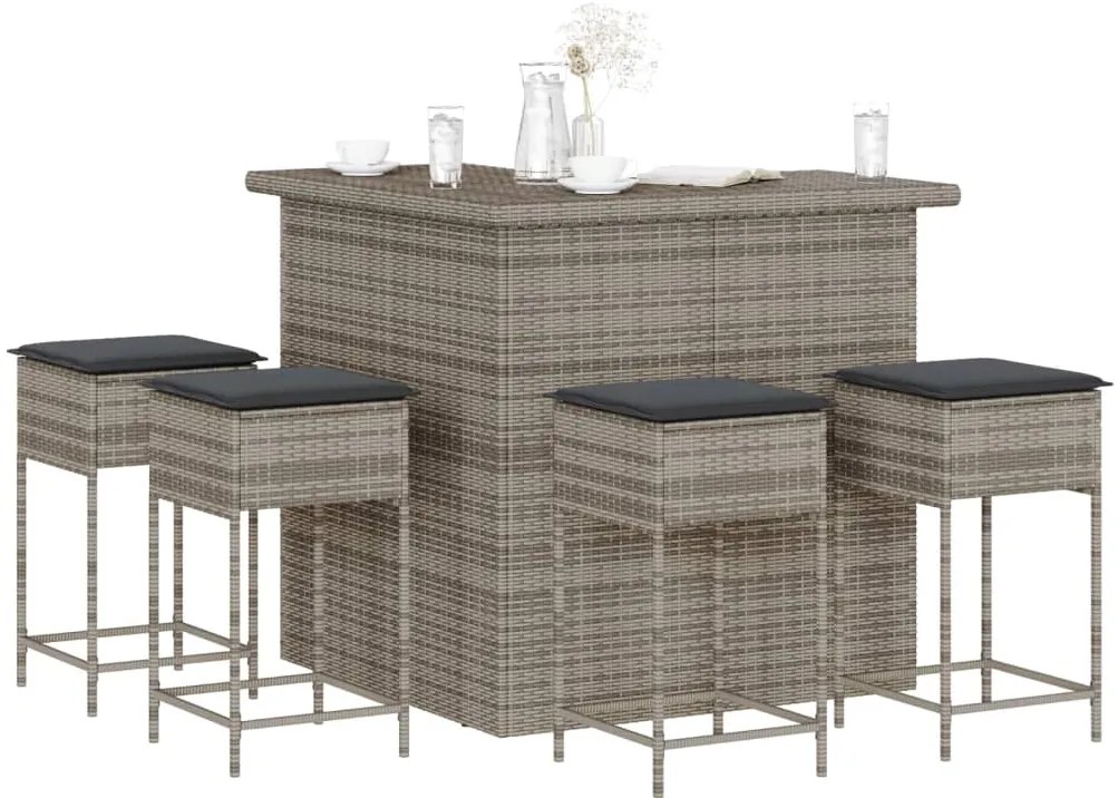 5 pcs conjunto de bar p/ jardim c/ almofadões vime PE cinzento