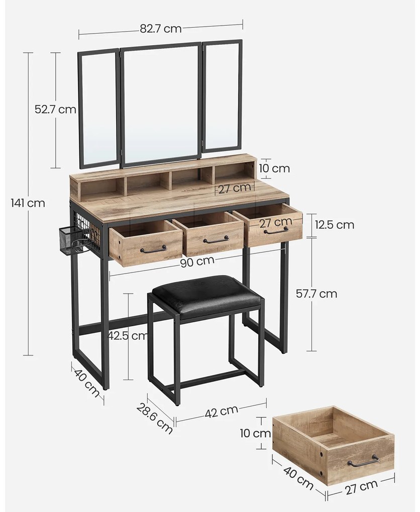 Toucador com banco e espelho 90 x 40 x 141 cm Carvalho castanho + preto