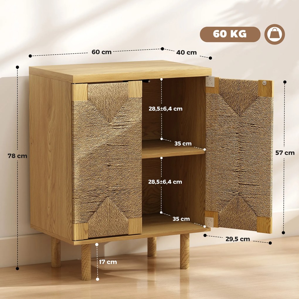 Aparador Boémio de 2 Portas com Corda Tecida à Mão Prateleira Ajustável Abertura por Pressão 60x40x78 cm Cor Carvalho
