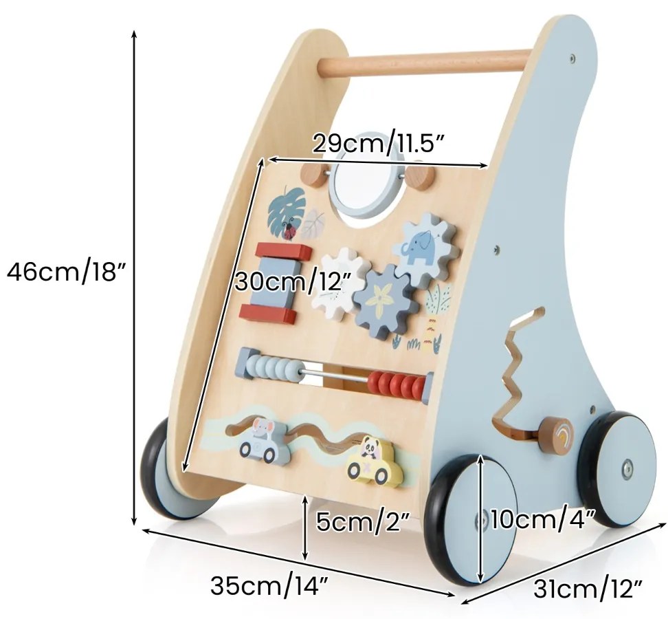 Andador de madeira para bebés com centro de aprendizagem Actividades múltiplas com arrumação 35 x 31 x 46 cm Azul