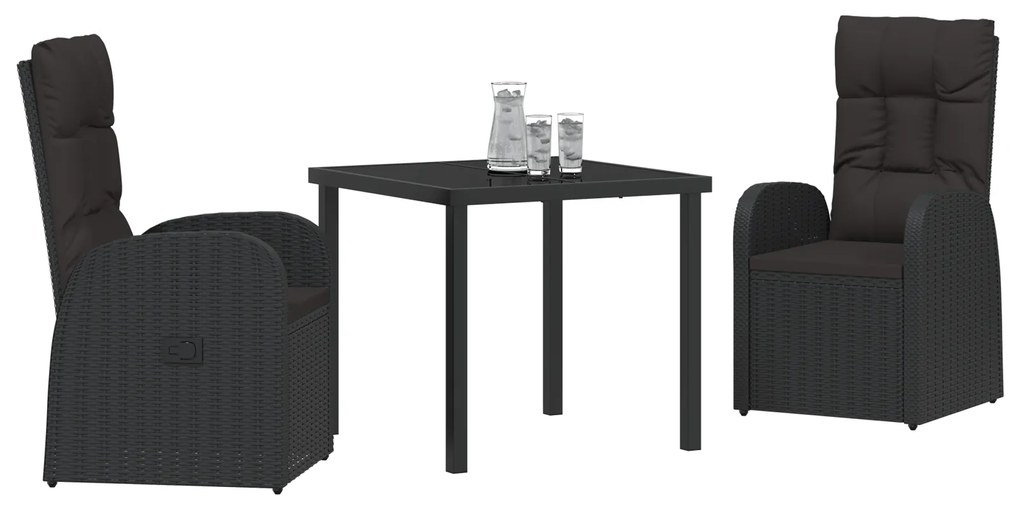 Conjunto de Jantar de Jardim com 3 Peças com Almofadas Preto Rattan Po