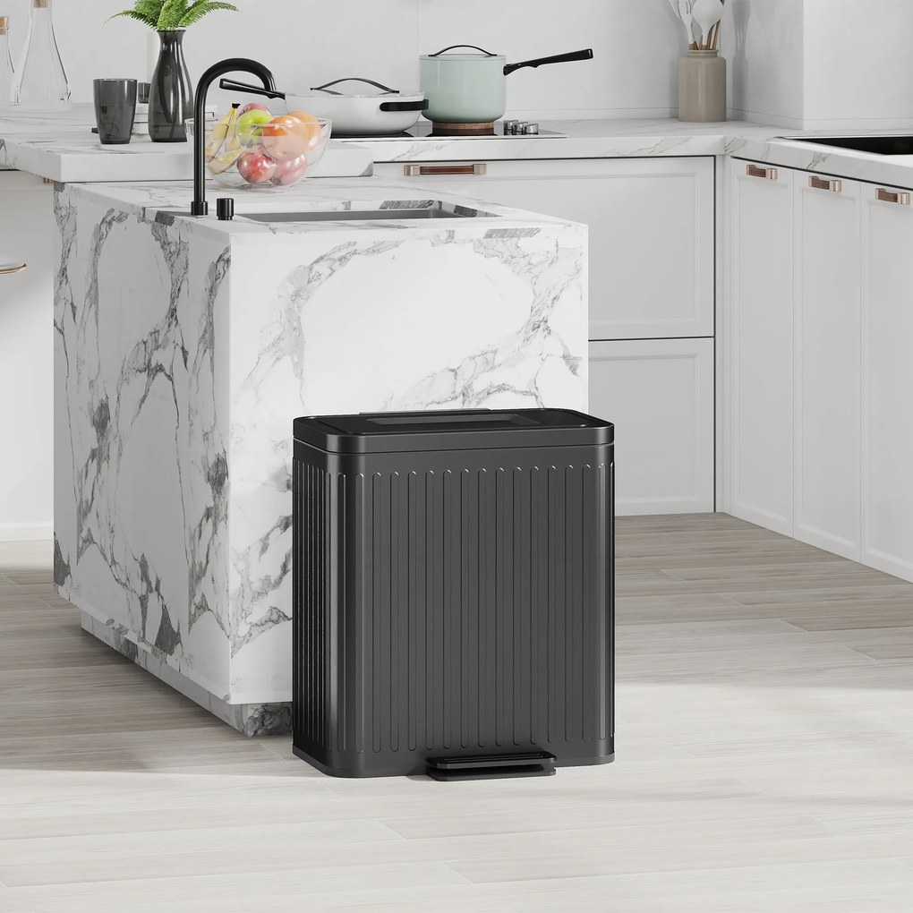 Caixote do lixo com dois compartimentos de 2 x 20 L, 45,5 x 36,5 x 51 cm com pedal, baldes interiores removíveis, preto