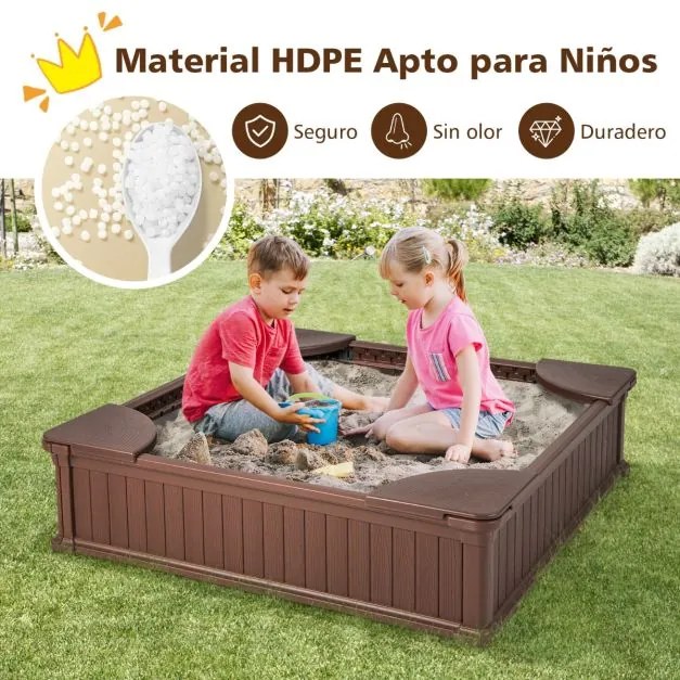 Caixa de areia infantil ao ar livre em HDPE 123,5 x 123,5 x 31,5 cm com tampa Oxford 4 assentos de canto Castanho