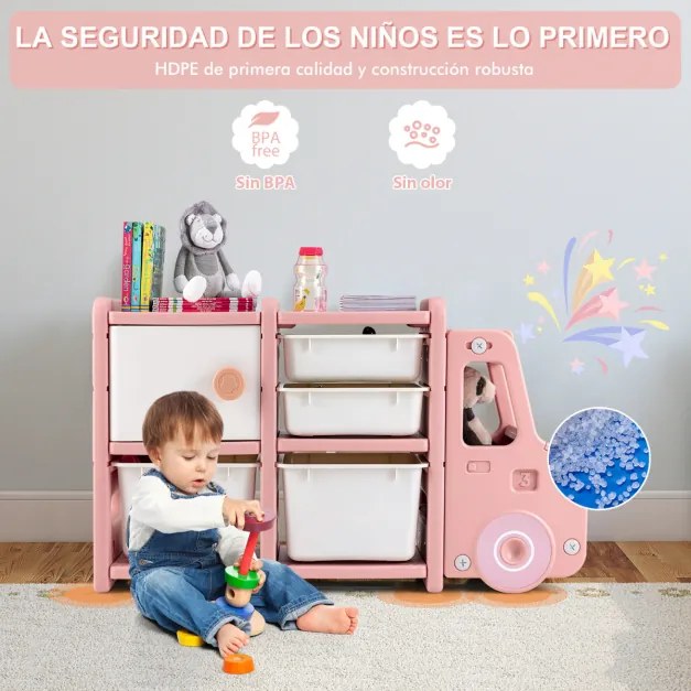 Organizador de brinquedos para crianças Estante infantil em forma de camião com 2 recipientes 2 gavetas Armarios 110 x 32 x 66 cm Rosa