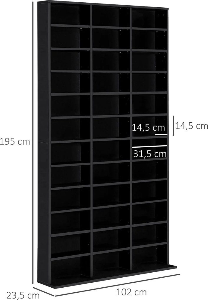 Estante de arrumação, capacidade máxima de 1116 CDs/528 DVDs, 36 compartimentos e prateleiras ajustáveis 102 x 23,5 x 195 cm, preto