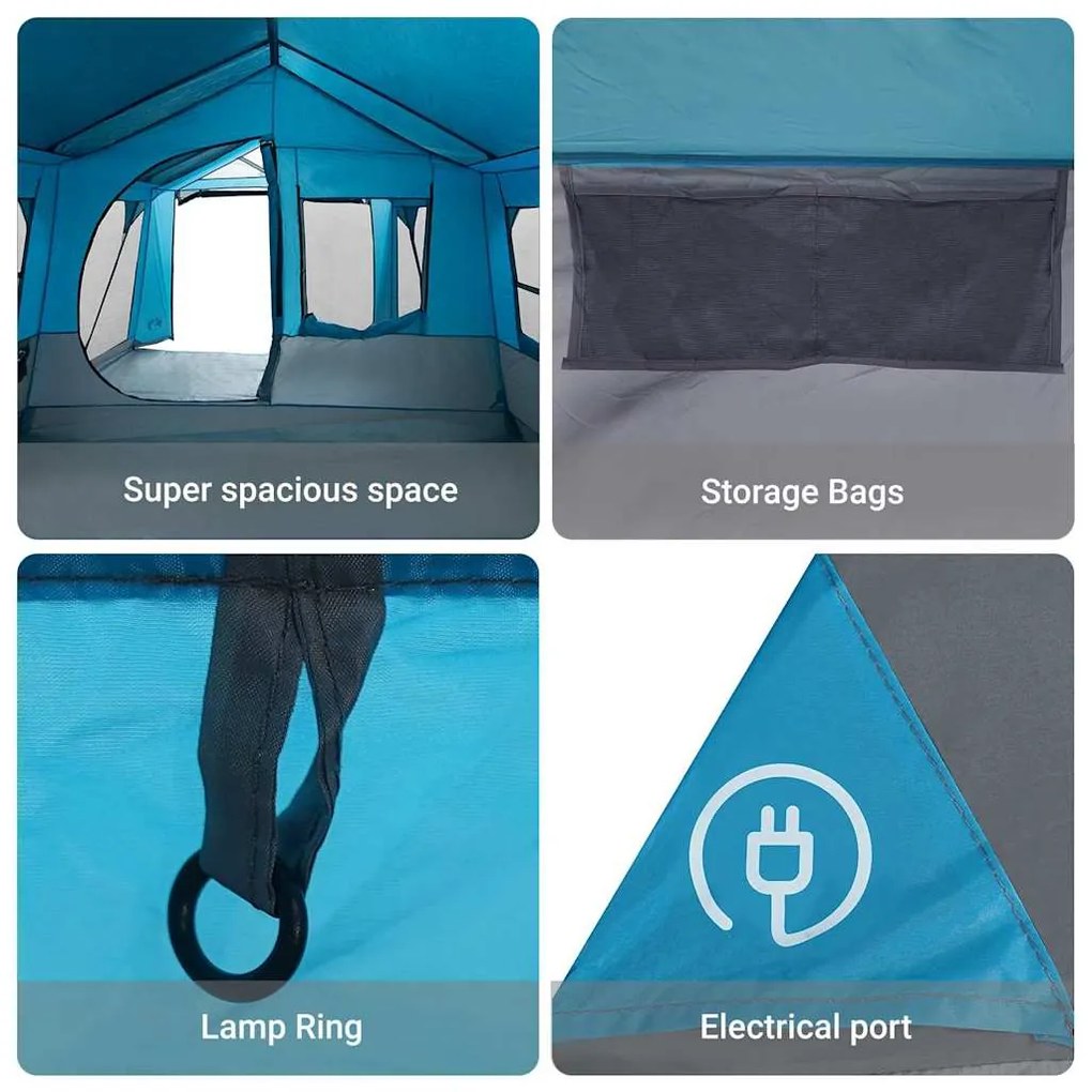 Tenda de Camping Azul com Janelas para 10 Pessoas à Prova d'Água