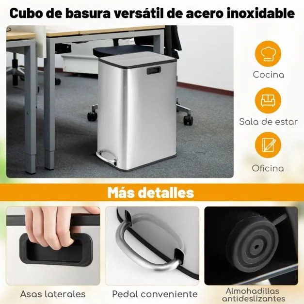 Caixote do lixo em aço inoxidável de 46 L com tampas de asa de fecho suave Caixote do lixo interior amovível para sala de estar Escritório Prata