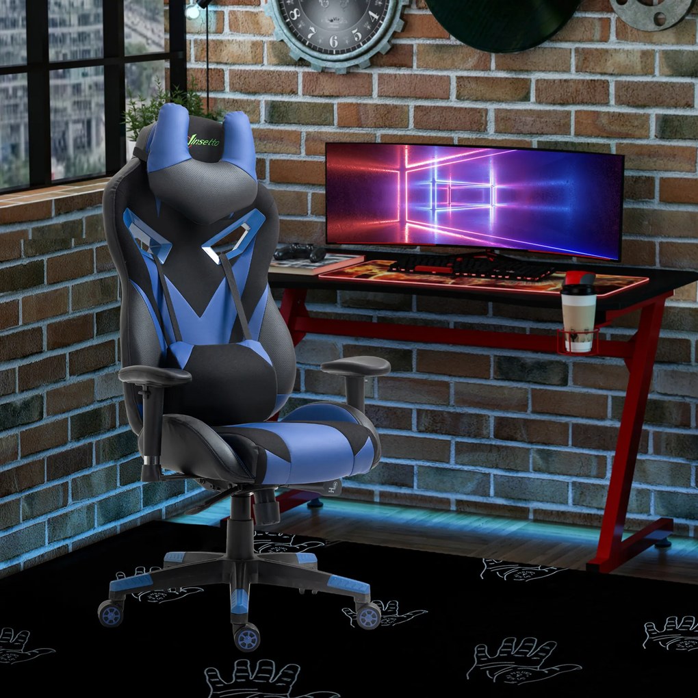 Vinsetto Cadeira de Gaming Ergonômica Cadeira Gamer Giratória com Altura Ajustável Apoio para o Braço Apoio para a Cabeça e Almofada Lombar Removíveis 72x77x127-13cm Azul