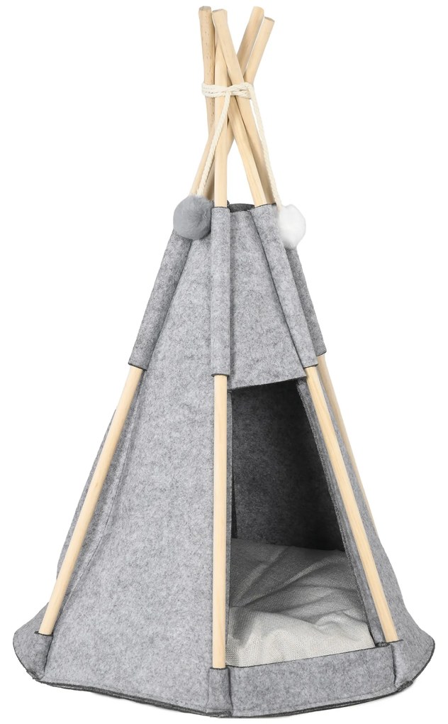 Pawhut Tenda Teepee para Animais Gato ou Cão Almofada Espessa 2 Pompons Incluídos Estrutura de Pinho Feltro Pelúcia Cinza | Aosom Portugal