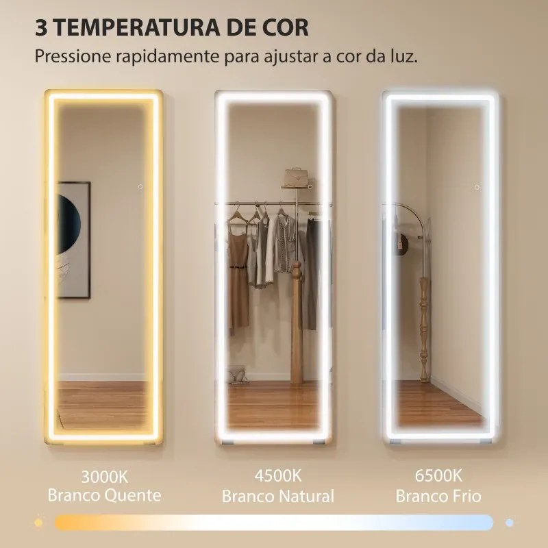 Espelho Pé de Corpo Inteiro com Luzes 150x50 cm Sem Moldura 3 Temperaturas de Cor Brilho Ajustável Transparente