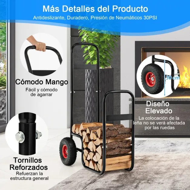 Carrinho de transporte de lenha com rodas de borracha resistentes ao desgaste e ao choque 66 x 51 x 111 cm preto