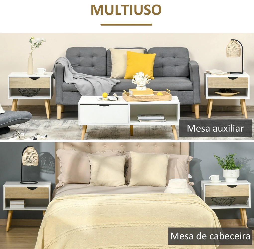 HOMCOM Conjunto de 2 Mesas de Cabeceira Mesa Auxiliar com 1 Gaveta e Prateleira de Armazenamento para Dormitório Sala de Estar Escritório Estilo Moderno 50x39x51cm Branco e Carvalho