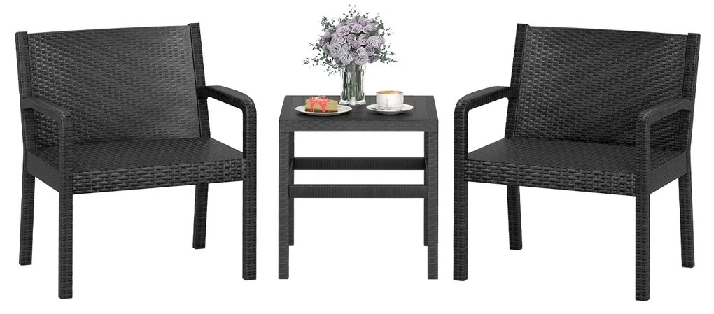 Conjunto de móveis de jardim de vime de 3 peças, móveis de varanda à prova de intempéries, conjunto de varanda incluindo 2 cadeiras com mesa, cinza