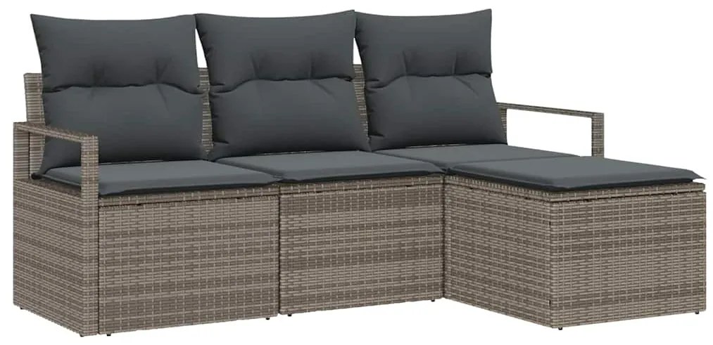 Conjunto de Sofá de Jardim com 4 Peças e Almofadas Cinzas em Rattan Si