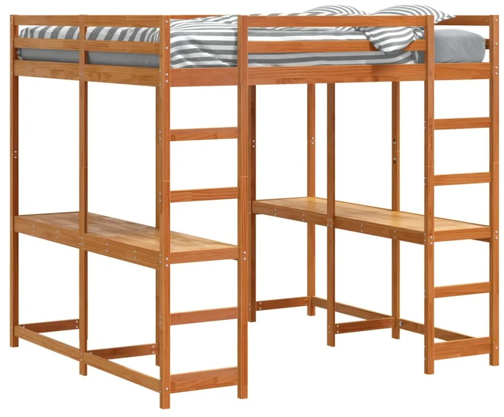 Cama alta com secretária e escada pinho maciço castanho-mel