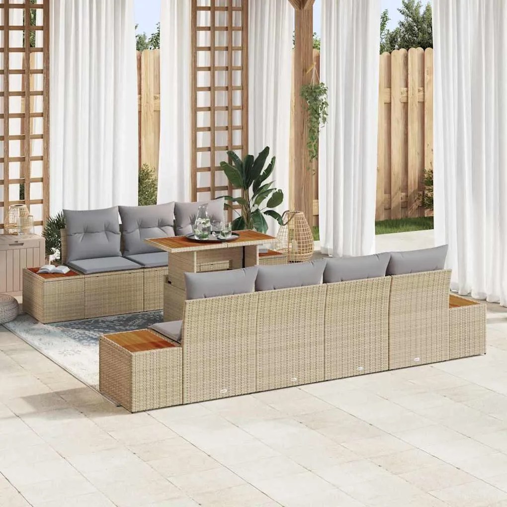 vidaXL Conjunto de Jantar de Jardim com 8 Peças, Almofadas Beiges, em Rattan Poliéster e Acácia