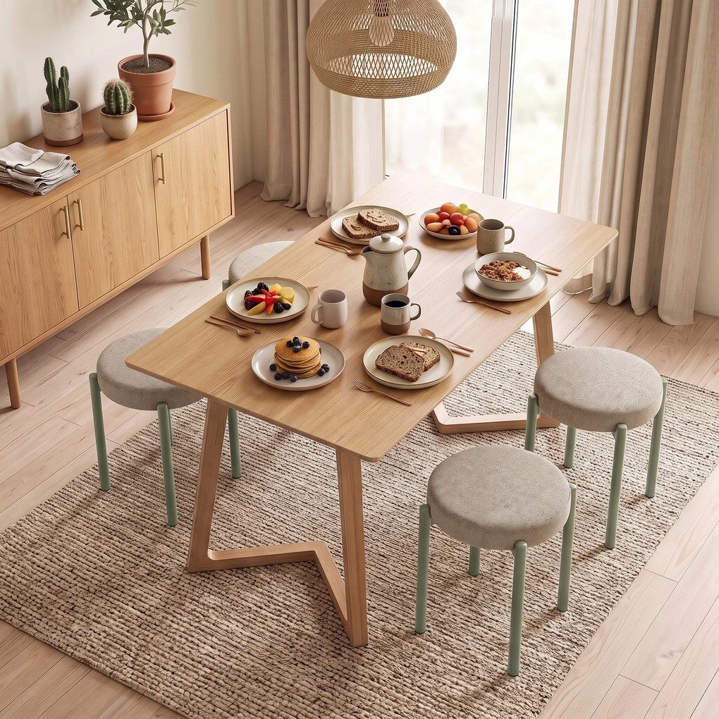 Conjunto de 4 Bancos Redondos Empilháveis (MESA NÃO INCLUIDA), 45 x 45 x 47,5 cm, Assento Almofadado, Castanho-Claro
