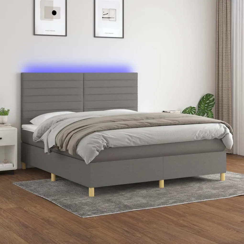 Cama box spring c/ colchão e LED 180x200 cm tecido cinza-escuro