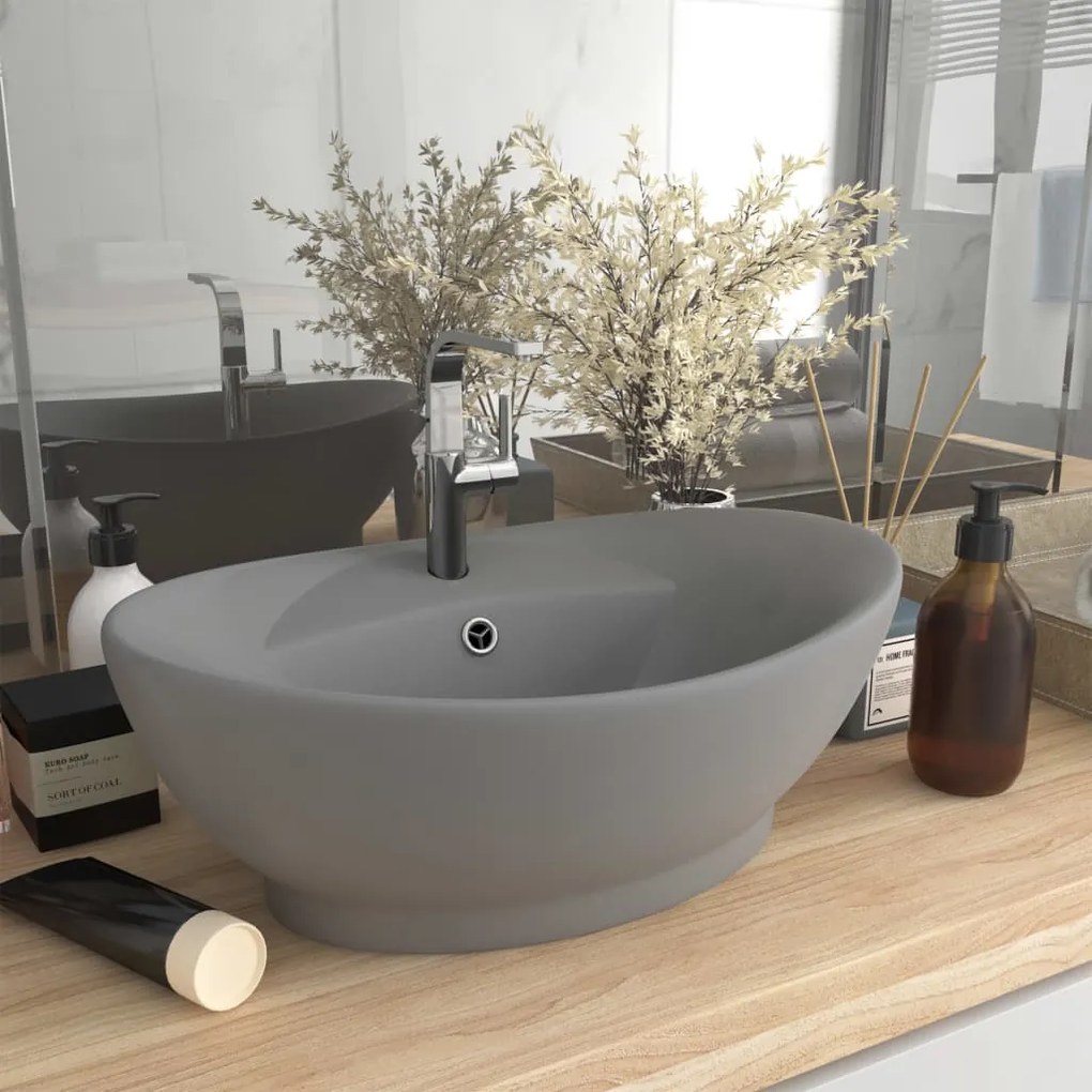 146938 vidaXL Lavatório luxuoso oval 58,5x39 cm cerâmica cinza-claro mate