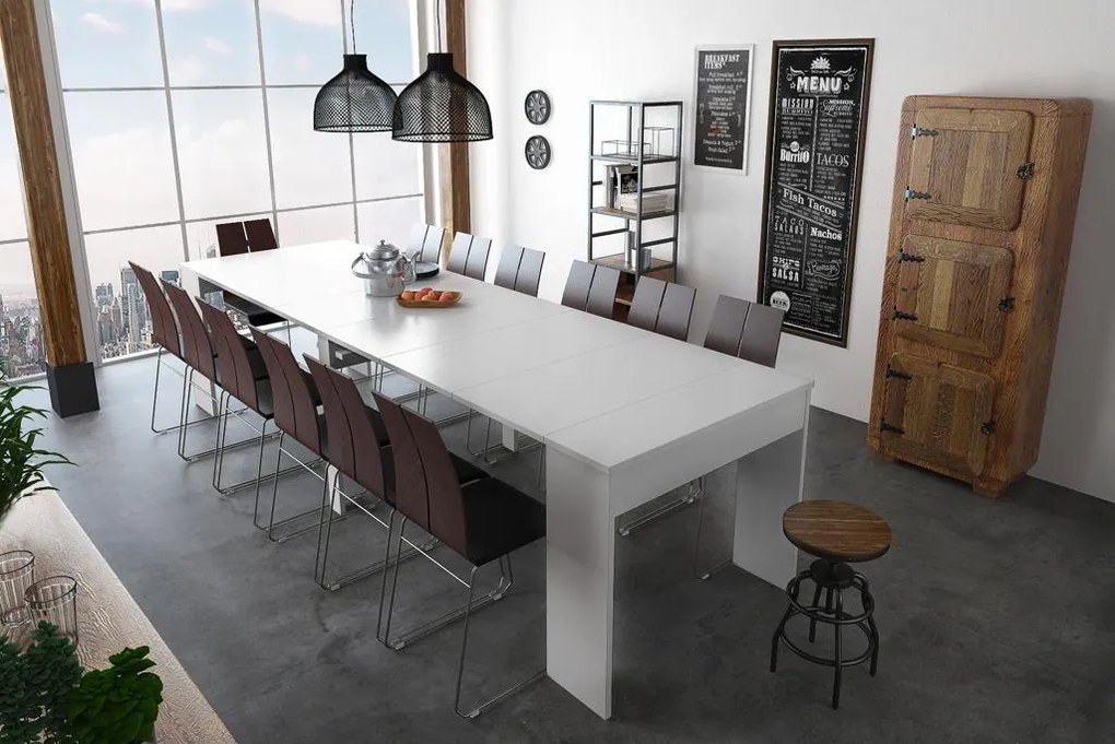 Consola de mesa de jantar extensível até 301 cm, acabamento Branco fosco, medidas fechadas: 90x49x75 cm de altura