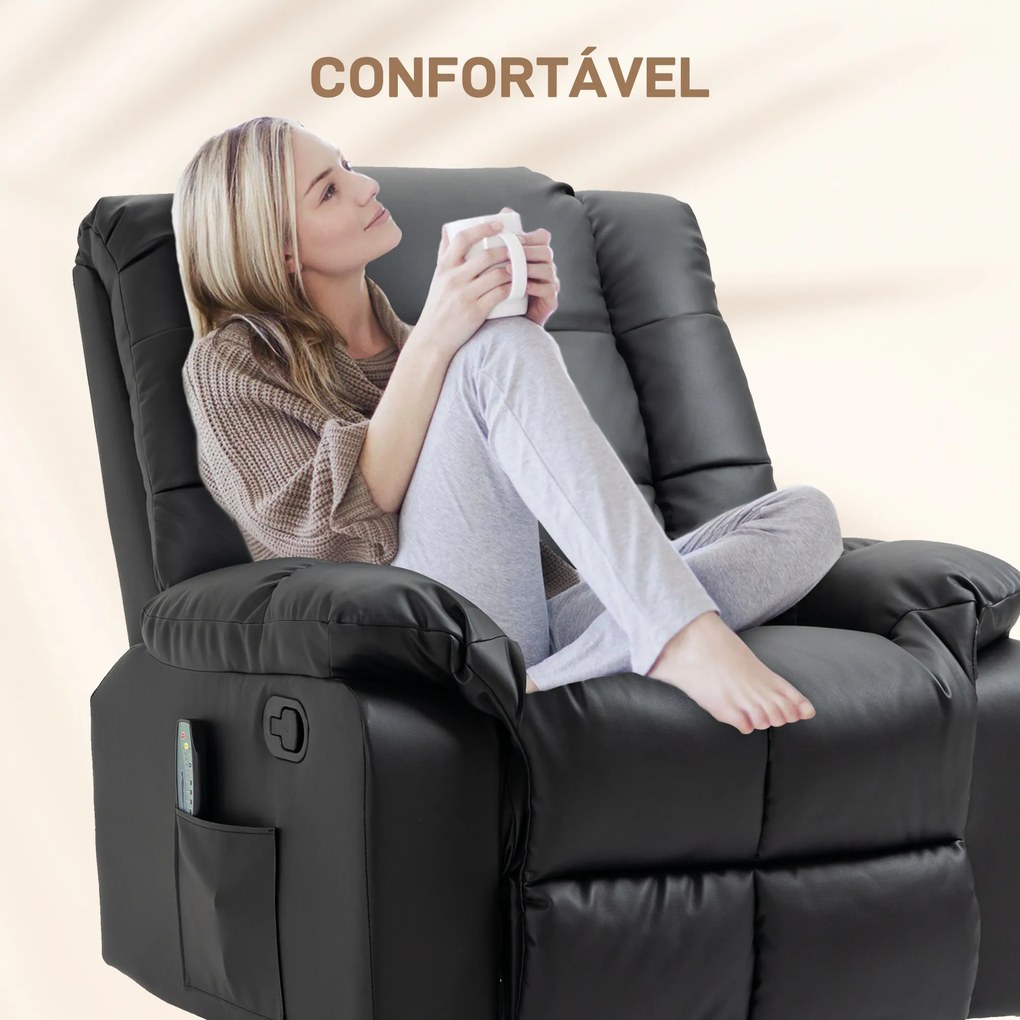 Poltrona de Massagem Poltrona Relax Reclinável com 8 Pontos de Massagem Controlo Remoto Estofada em PU 94x99x99 cm Preto