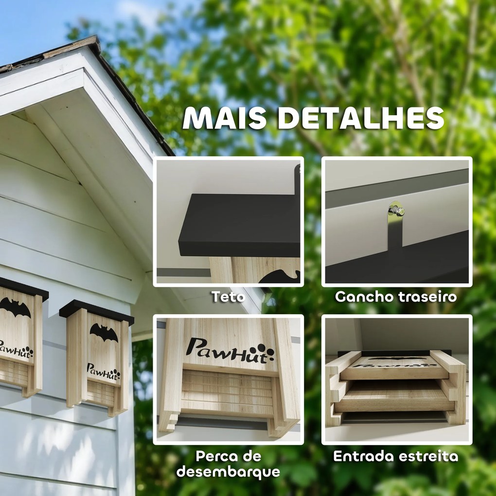 Conjunto de 3 Refúgios para Morcegos Caixas de Madeira para Exterior, Jardim ou Horta Fácil de Pendurar 18x6x22,5 cm