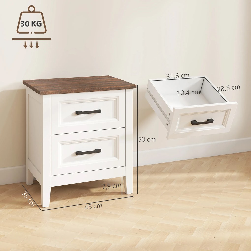 Mesa de Cabeceira Mesa de Cabeceira com 2 Gavetas Estilo Rústico 45x30x50 cm Branco